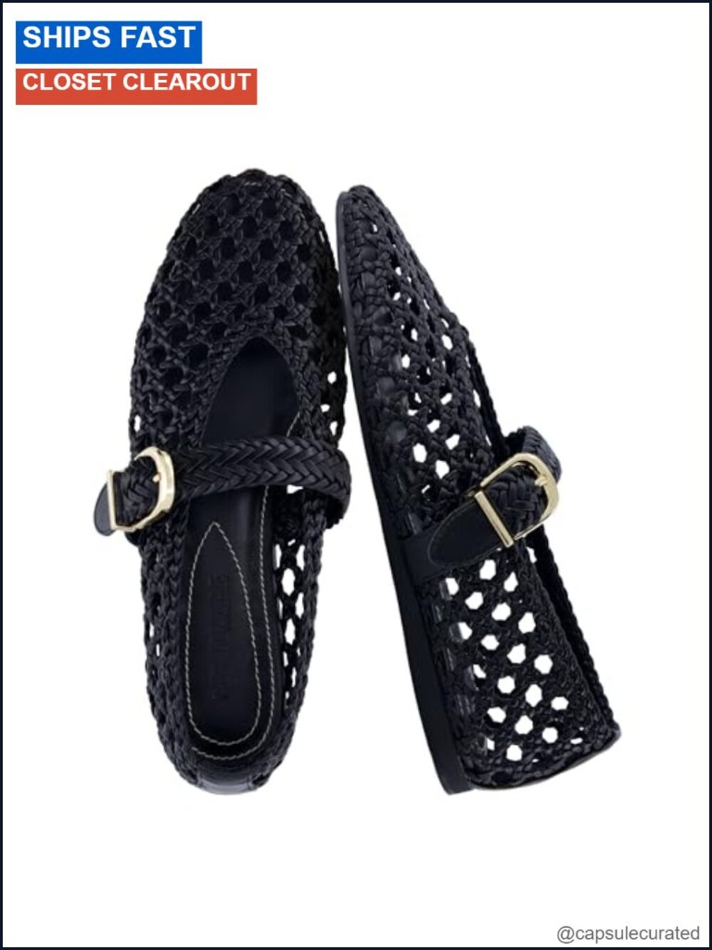 Hand Woven Mary Jane Ballet Flats with Memory Foam and Gold Buckle